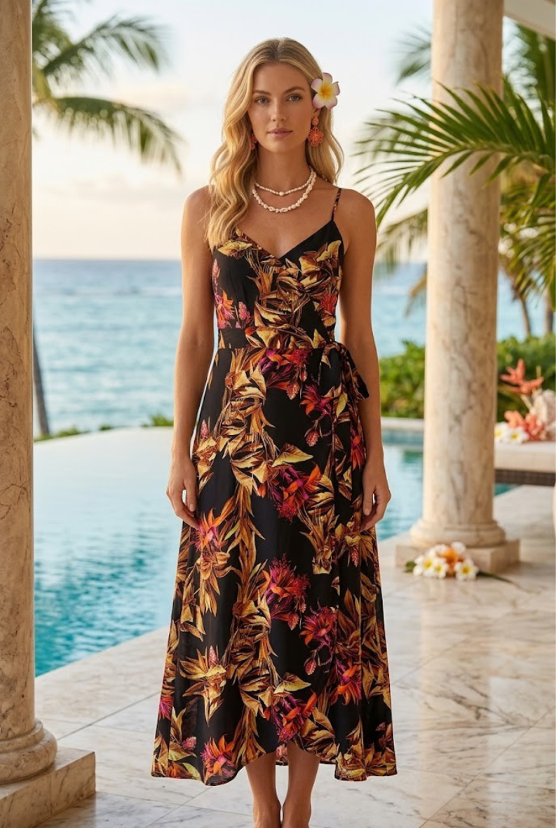 Noir Tropic Wrap Cover-Up — Midnight Botanica