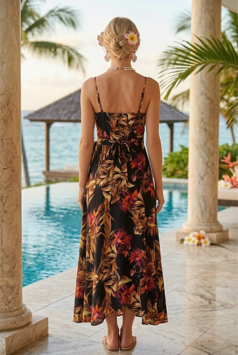 Noir Tropic Wrap Cover-Up — Midnight Botanica
